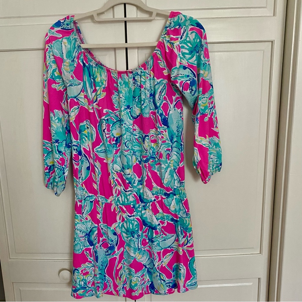 Lilly Pulitzer Lana Skirt Romper.  Pattern is Raz Berry Lobsters In Love.